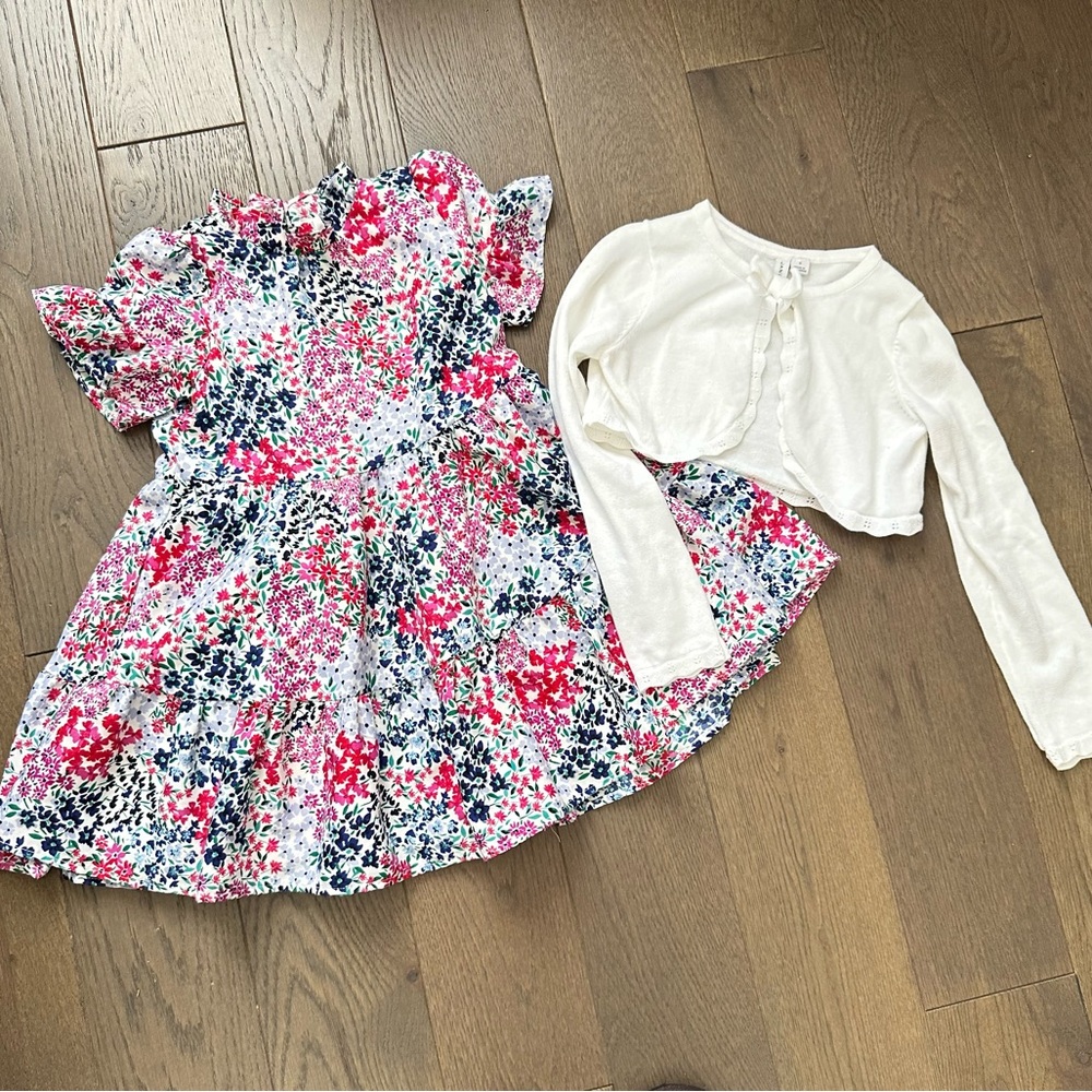 Janie and Jack Pink Ruffled Floral Dress & Bow Cropped Cardigan Bundle Size 5